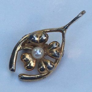Vintage Lucky Gold Wishbone & Flower Brooch Pin with Faux Pearl